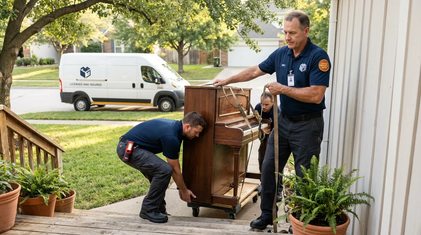 Licensed piano movers securing grand piano in Hunt Valley, MD